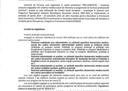 Anunţ privind derularea cursului gratuit de formare profesională   “Ingrijitoare bolnavi la domiciliu (cod NC 5133.2.1.)”