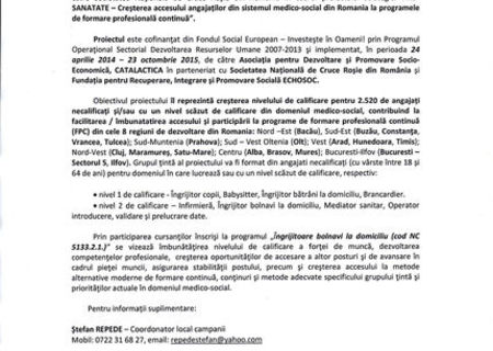 Anunţ privind derularea cursului gratuit de formare profesională   “Ingrijitoare bolnavi la domiciliu (cod NC 5133.2.1.)”