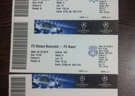 Bilete Steaua UCL. Chelsea, Basel, Schalke 04. Toate in Peluza II, Poarta B, Inel 1, RANDUL 9 ( se vede foarte bine ) . 620 lei, usor NEGOCIABIL Bilete Steaua UCL. Chelsea, Basel, Schalke 04. Toate in Peluza II, Poarta B, Inel 1, RANDUL 9 ( se vede foarte bine ) . 620 lei, usor NEGOCIABIL