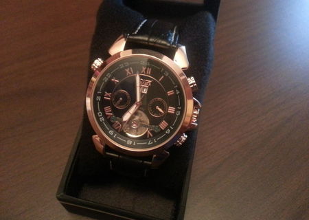 Ceas mecanic automat barbati Jaragar Skeleton Tourbillon Gold Aramiu + cutie