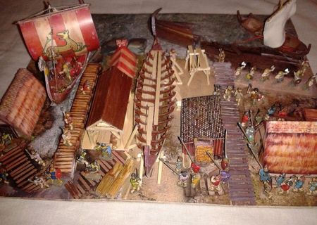 Diorama vikingi, macheta drakkar, nava barca lemn, figurine 1:100 15mm