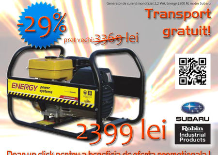 Generator de curent monofazat 2,2 kVA, Energy 2500 M, motor Subaru, 29% reducere Generator de curent monofazat 2,2 kVA, Energy 2500 M, motor Subaru, 29% reducere