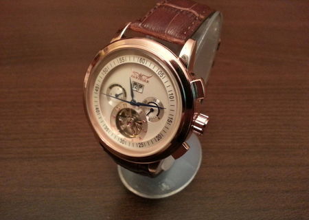 Jaragar ceas automat mecanic barbati tip Skeleton Tourbillon model Elegant Gold curea piele + cutie