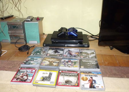 Playstation 3 superslim 500 gb Negru + jocuri (14) + 2 manete