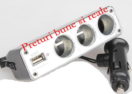 Priza tripla auto + USB