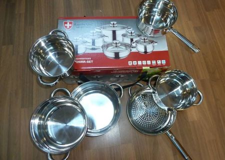 Set 6 vase de inox cu capac de sticla si maner metalic Set 6 vase de inox cu capac de sticla si maner metalic