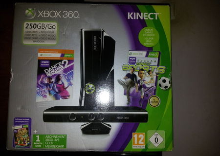 Xbox 360,250gb,kinect,controller+4 jocuri,folosit o luna de zile,cutie,toate cablurile necesaree